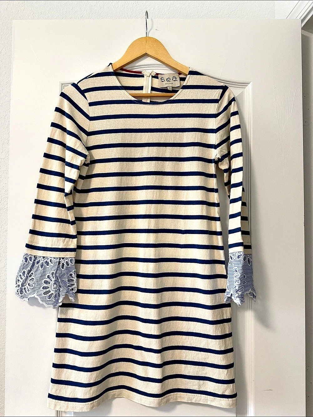 Sea New York Striped Lace Cuff Mini Dress in Blue & Cream Size Medium